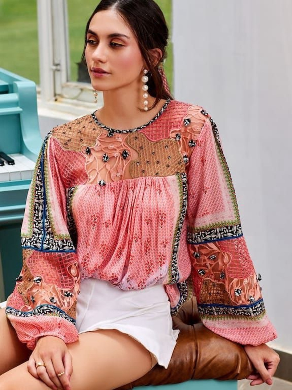 Bhanuni by Jyoti Rosario Floral Boho Blouse Pink Beaded Sequin Tunic XS
